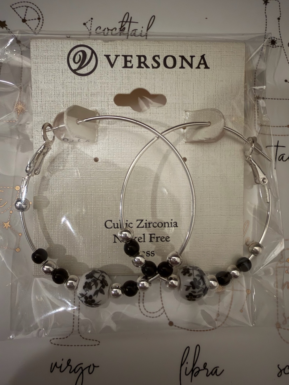 Versona Silver Hoop Earrings with Black and White Floral Beads - nickel free